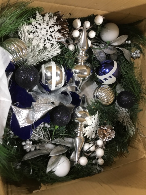 Photo 2 of Adeeing 24 Inch Christmas Wreath, Blue Silver Christmas Wreaths for Front Door with 20 LED Lights, Prelit Christmas Wreath with Ball Ornaments Pine Cone for Fireplace Window Indoor Outdoor Decoration Blue Silver 24 Inch