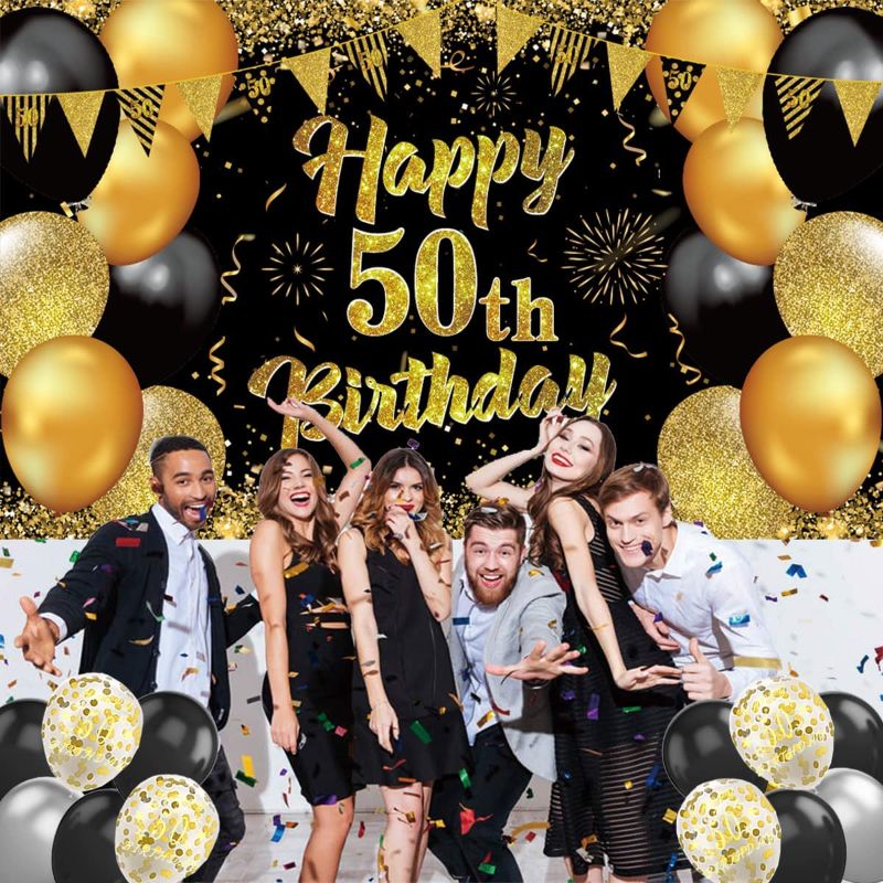 Photo 1 of 50th birthday banner,50th birthday decorations for women men,birthday backdrop,black and gold birthday banners,50th birthday sash,black and gold balloons and table confetti for Photography backdrop
