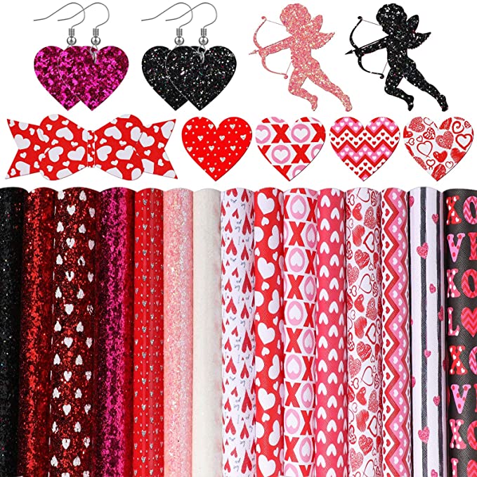 Photo 1 of 15 Pieces Valentine's Day Faux Leather Sheets Heart Printed Leather Sheets Synthetic Leather Sheet Glitter Sequins Chunky Fabric for Valentine's DIY Jewelry Craft Earring Bows Making 13.39 x 7.87 Inch
