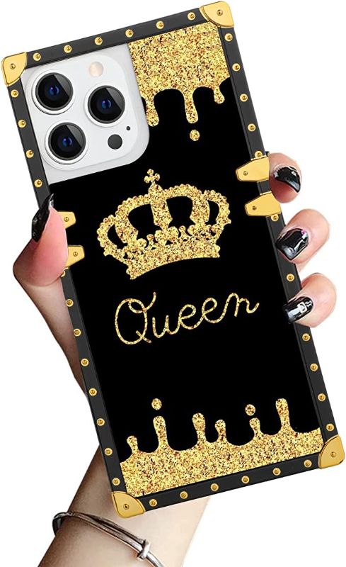 Photo 1 of ZIYE Case for iPhone 14 Pro Max Case Square Queen Brown Golden Luxury Metal Decoration Corners Shockproof TPU Bumper Durable PC Layer Protective Phone Cover-6.7 Inch
