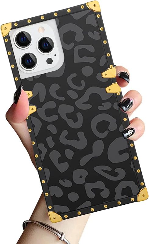 Photo 1 of ZIYE Case for iPhone 14 Pro Case Square Gray Black Leopard Golden Luxury Metal Decoration Corners Shockproof TPU Bumper Durable PC Layer Protective Phone Cover-6.1 Inch
