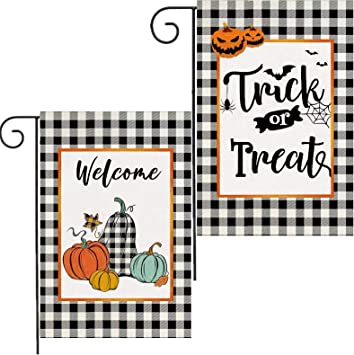 Photo 1 of 2 Pack Halloween Welcome Fall Garden Flags 12x18 Double Sided, Vertical Burlap Plaid Pumpkin Fall Thanksgiving Garden Flag, Trick or Treat Garden Flag for Home Garden Yard Outdoor Halloween Decor
