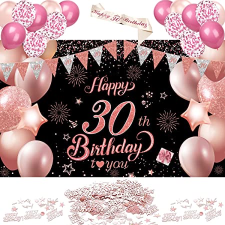 Photo 1 of 30th birthday banner,30th birthday decorations,birthday backdrop,rose gold birthday banners?30th birthday sash,rose gold balloons and table confetti for women Photography backdrop
