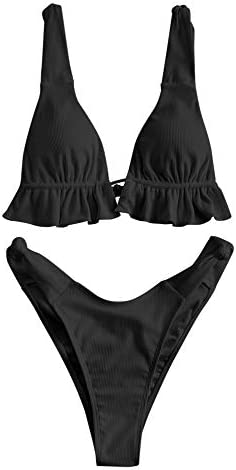 Photo 1 of ZAFUL Women's Spaghetti Strap Tie Back Ruffle Triangle Bikini Set Swimsuit 2-light Small