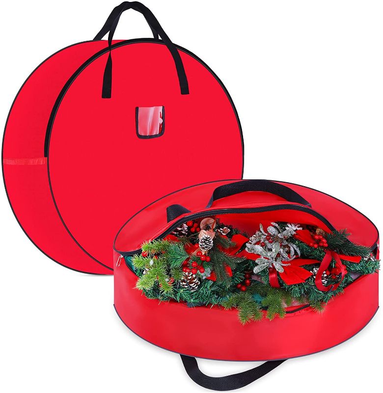 Photo 1 of 2 Pcs Christmas Wreath Storage Bag 30'' Oxford Fabric Wreath Storage Container Tear Resistant Wreath Bag with Handles Zippered and Transparent Card Slot Decorative Wreath Storage for Garland 