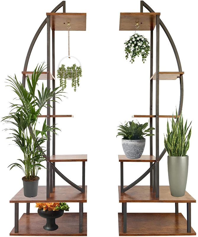 Photo 1 of 6 Tier Metal Plant Stand Rack Shelf, Multiple Modern Floor-Standing Multi-Layer Plant Shelf Rack, Creative Half Moon Shape Ladder Flower Pot Stand Rack, for Home Patio Lawn Garden Balcony (2Pcs Black Half Moon)