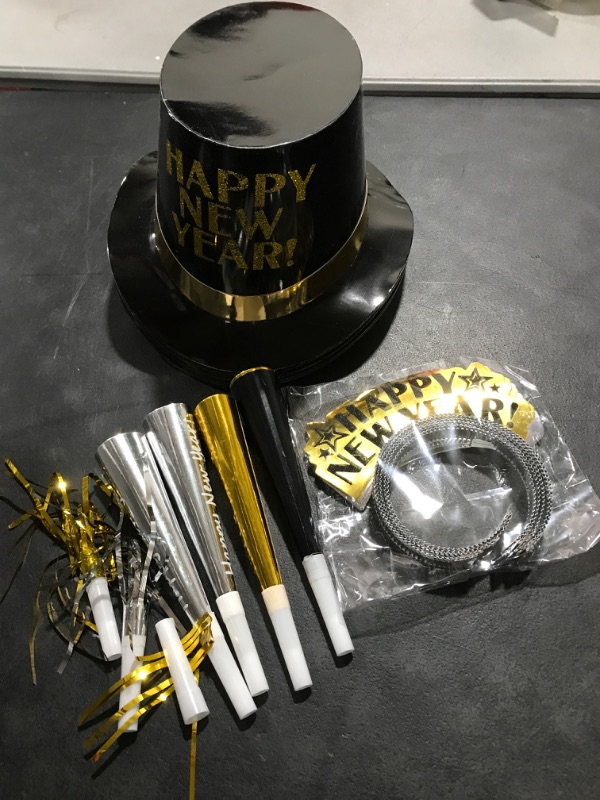 Photo 1 of 4E's Novelty New Years Eve Party Supplies 2023 for 10 Guest - 20 Pieces Total Includes 5 Top Hats, 5 Tiaras, & 10 Noisemakers - Black Gold Silver NYE Decorations