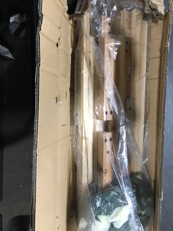 Photo 1 of Wooden Wedding Arch with 2 Flower Pieces, Vine, Chiffon Drape, LED Decorate Lights, Wedding Arches for Ceremony, Wooden Arbor Decoration for Wedding, Parties, Garden, Outdoor, Indoor Backdrop (7 ft.)