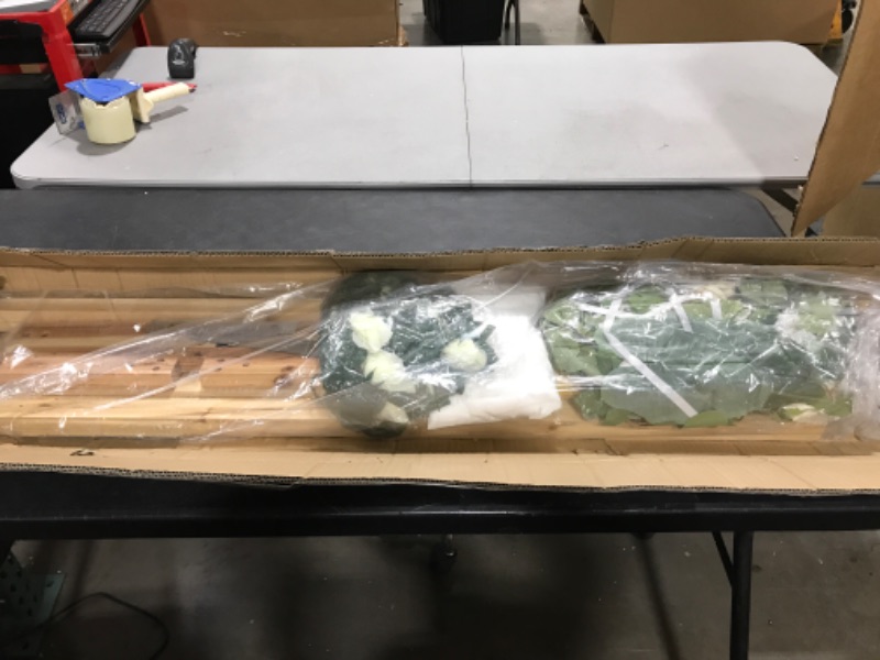 Photo 1 of Wooden Wedding Arch with 2 Flower Pieces, Vine, Chiffon Drape, LED Decorate Lights, Wedding Arches for Ceremony, Wooden Arbor Decoration for Wedding, Parties, Garden, Outdoor, Indoor Backdrop (7 ft.)