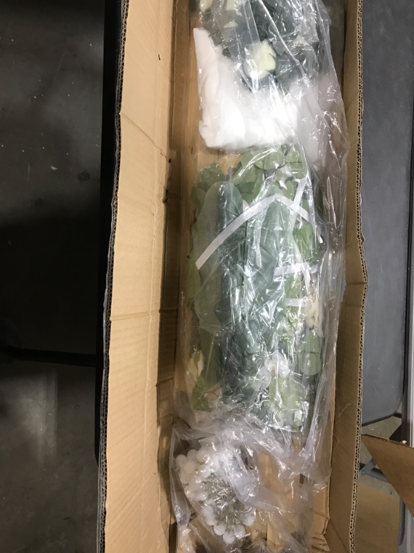 Photo 1 of Wooden Wedding Arch with 2 Flower Pieces, Vine, Chiffon Drape, LED Decorate Lights, Wedding Arches for Ceremony, Wooden Arbor Decoration for Wedding, Parties, Garden, Outdoor, Indoor Backdrop (7 ft.)