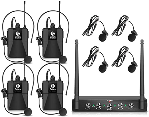 Photo 1 of D Debra Audio AU400 Pro UHF 4 Channel Wireless Microphone System with Cordless Handheld Lavalier Headset Mics, Metal Receiver, Ideal for Karaoke Church Party (with 4 Bodypack (A))
