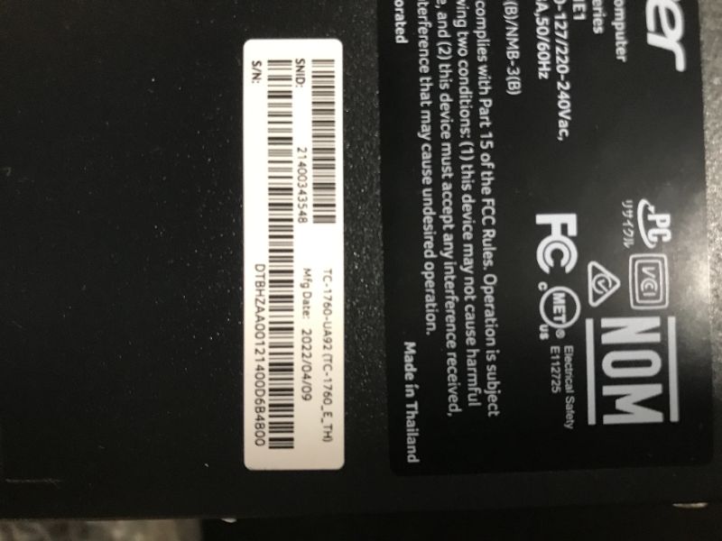 Photo 5 of Acer Aspire TC-1760-UA92 Desktop | 12th Gen Intel Core i5-12400 6-Core Processor | 12GB 3200MHz DDR4 | 512GB NVMe M.2 SSD | 8X DVD | Intel Wireless Wi-Fi 6 AX201 | Bluetooth 5.2 | Windows 11 Home---( monitor not included)
