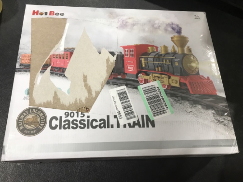 Photo 3 of Hot Bee Train Set - Train Toys for Boys Girls w/ Smokes, Lights & Sound, Railway Kits, Toy Train w/ Steam Locomotive Engine, Cargo Cars & Tracks, Christmas Gifts for 3 4 5 6 7 8+ Year Old Kids Red---MINOR BOX DAMAGE 