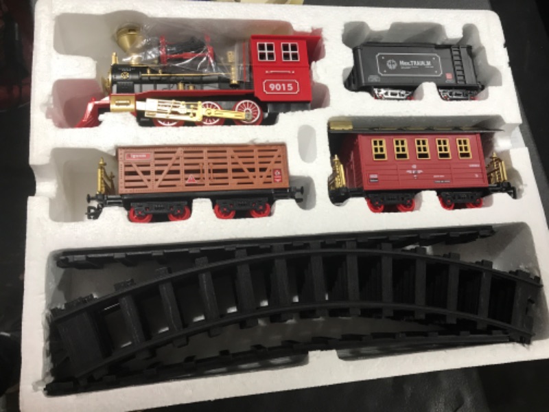 Photo 2 of Hot Bee Train Set - Train Toys for Boys Girls w/ Smokes, Lights & Sound, Railway Kits, Toy Train w/ Steam Locomotive Engine, Cargo Cars & Tracks, Christmas Gifts for 3 4 5 6 7 8+ Year Old Kids Red---MINOR BOX DAMAGE 