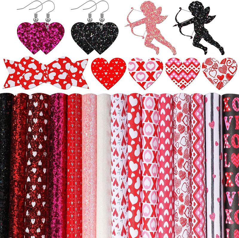 Photo 1 of 15 Pieces Valentine's Day Faux Leather Sheets Heart Printed Leather Sheets Synthetic Leather Sheet Glitter Sequins Chunky Fabric for Valentine's DIY Jewelry Craft Earring Bows Making 13.39 x 7.87 Inch 