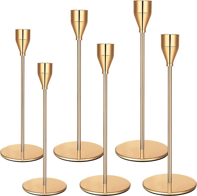 Photo 1 of 6 Pieces Metal Christmas Candle Holders Decorative Candlestick Holder for Christmas, Valentines, Wedding, Party, Interior Decorating, Fits 0.75 Inch Thick Candles (Gold,Classic Style)