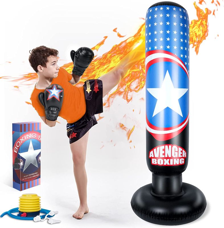 Photo 1 of Lynkktoy Inflatable Punching Bag for Kids, 63 Inch Fitness Boxing Bag Stand with Air Pump for MMA, Practicing Karate, Taekwondo, Toys Age 3+ Gift for Kids 