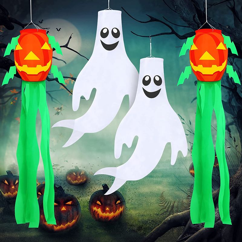 Photo 1 of 4 Pieces Halloween Windsock Flag 54 Inch Halloween Ghost Pumpkin Windsock Outdoor Hanging Decoration Halloween White Fly Ghost Face Windsock for Front Yard Patio Lawn Garden Halloween Party Supplies 