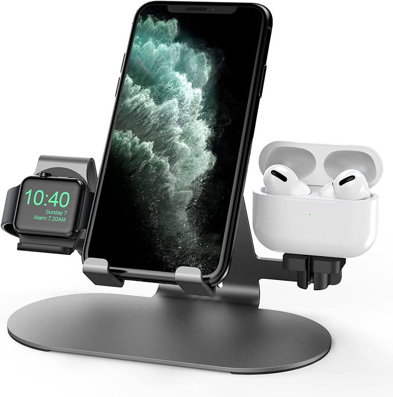 Photo 1 of 3 in 1 Aluminum Charging Stand for Apple Watch Charger Stand Dock for iWatch Series 8/SE/7/6/5/4/3/2/1,iPad, AirPods Pro/3/2/1 and iPhone Series 14/13/12/11/X/8/7/6/Samsung Series and More(Space Gray) 