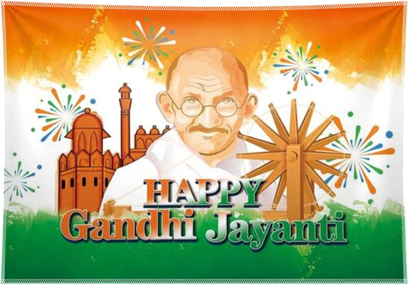 Photo 1 of 68x45inch Fabric Happy Gandhi Jayanti Backdrop Indian Mahatma Motivational Photography Background Photo Banner Booth Props 