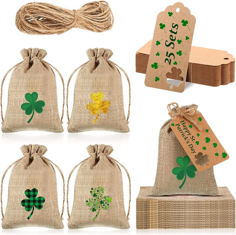 Photo 1 of 24 Sets St. Patrick's Day Party Favor Bags Shamrock Burlap Bags Rustic Goody Bags Kraft Paper Mini Tags with Rope Craft Hang Tags for Party Festival Label Wedding Irish Holiday Hanging Decor 