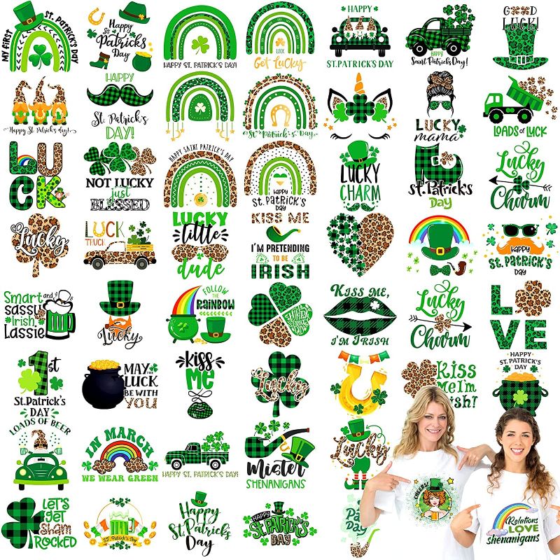 Photo 1 of 54 Sheets St. Patrick's Day Iron on Patches Heat Transfer Stickers Iron on St Patrick's Day Decals Iron on Appliques DIY Accessories Gifts HTV Vinyl DIY Crafts Iron on Shamrock for Shirt Pillow Bag 