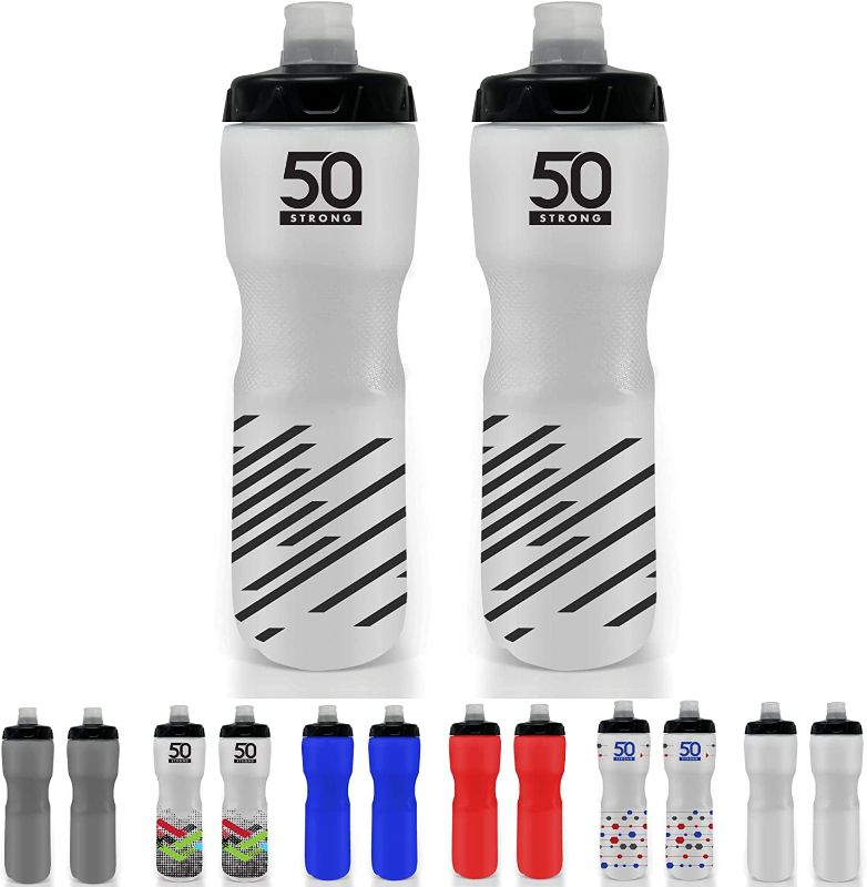 Photo 1 of 50 Strong 28 oz. Sports Squeeze Water Bottle with Premium One-Way Valve Cap - Two Pack of Squirt Bottles - Fits in Most Bike Bottle Holders - Made in USA (Black Stripes)