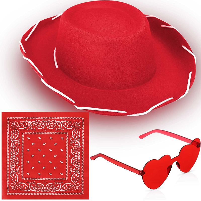 Photo 1 of 3 Pcs Cowgirl Cowboy Hat Set Western Cowgirl Hat with Paisley Heart Shaped Sunglasses Bandanna for Girls Kid Cowboy Women