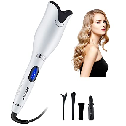 Photo 1 of MIUOPUR Automatic Hair Curling Iron with Ceramic Ionic Barrel, Smart Anti-Stuck, Auto Rotating Hair Curling Wand with Temperature Display and Timer, Professional Hair Curler Styling Tool - White