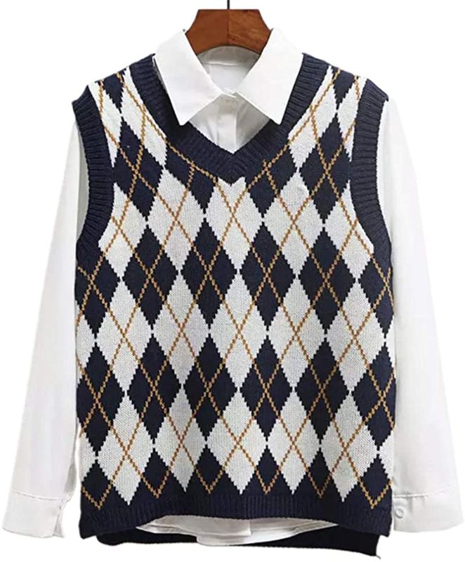 Photo 1 of Lailezou Women's V Neck Knit Sweater Vest Argyle Plaid Preppy Style Sleeveless Crop Knitwear Tank 
SIZE S