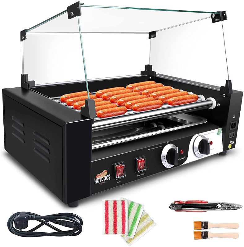 Photo 1 of 1400W Hot Dog Roller Machine, Dual Temp Control Commercial Electric Contact Grills with Removable Stainless Steel Drip Tray and Cover, 18 Hot Dog 7 Rollers,Sausage Grill Cooker for Party Kitchen Restaurant
