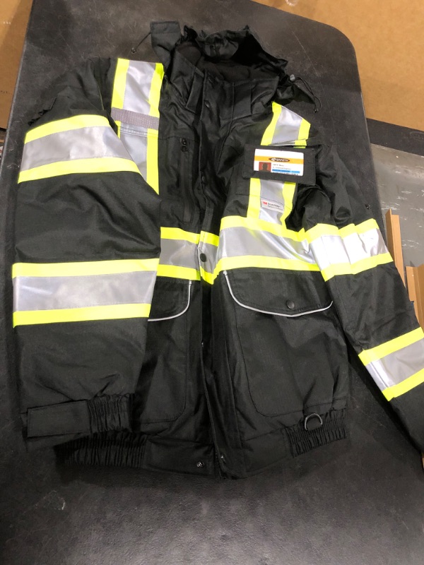 Photo 2 of 10 Pockets Hi-Vis Waterproof 3M Reflective Winter Bomber Jacket | Black Color | Secured iPad or Tablet Pocket | Detachable Hood and Retractable ID Pocket | ANSI Compliant
SIZE M