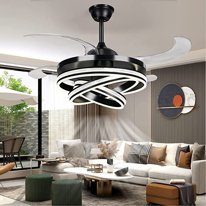 Photo 1 of 42" Invisible Ceiling Fan Chandelier Light,Modern Crystal DIY Ceiling Fan Light Remote Control 4 Retractable ABS Blades for Bedroom Living Dining Room Decoration (42", Black)