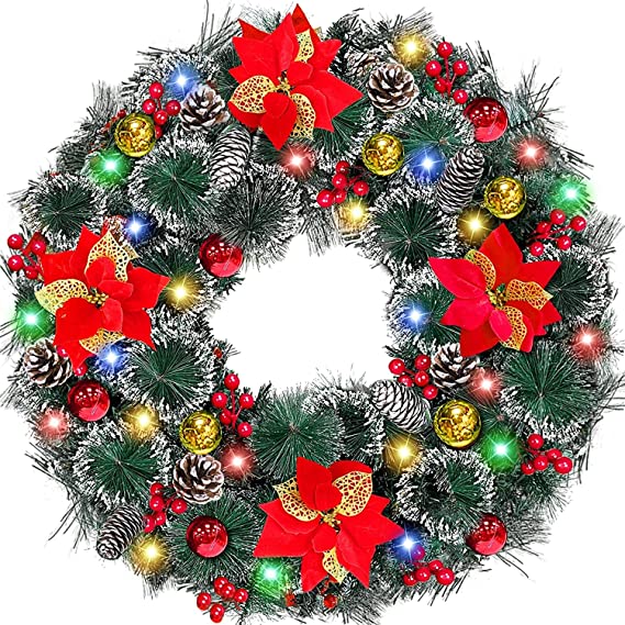 Photo 1 of [Timer & Super Large Thick] 26 Inch Prelit Frosted Christmas Wreath Decoration with 80 Colorful Lights 8 Balls 4 Poinsettia 200 Tips 50 Berry 10 Pinecon Battery Operate Xmas Decor Front Door Outdoor **Stock photo for reference*
