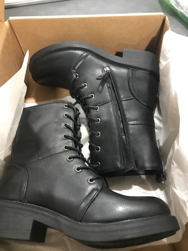 Photo 1 of ALLOT Women's Mid Calf Military Combat Boots Round Toe Lace up Ankle Bootie Low Heel Winter Motorcycle Shoes 8 Black