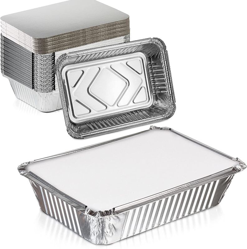 Photo 1 of [50 Pack] Rectangular Disposable Aluminum Foil Pan Take Out Food Containers with Flat Board Lids, Steam Table Baking Pans, 32 oz, 2.25 lb, Quart
