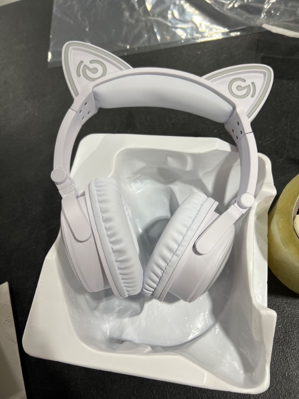 Photo 1 of MindKoo Bluetooth Headphones, Over-Ear Wireless Headphones, Cat Ear Headphones with 7 Colors LED Light, Foldable, Built-in Microphone and Volume Control for PC/Cell Phones/Kids/Teen/Boys/Girls/Adults White