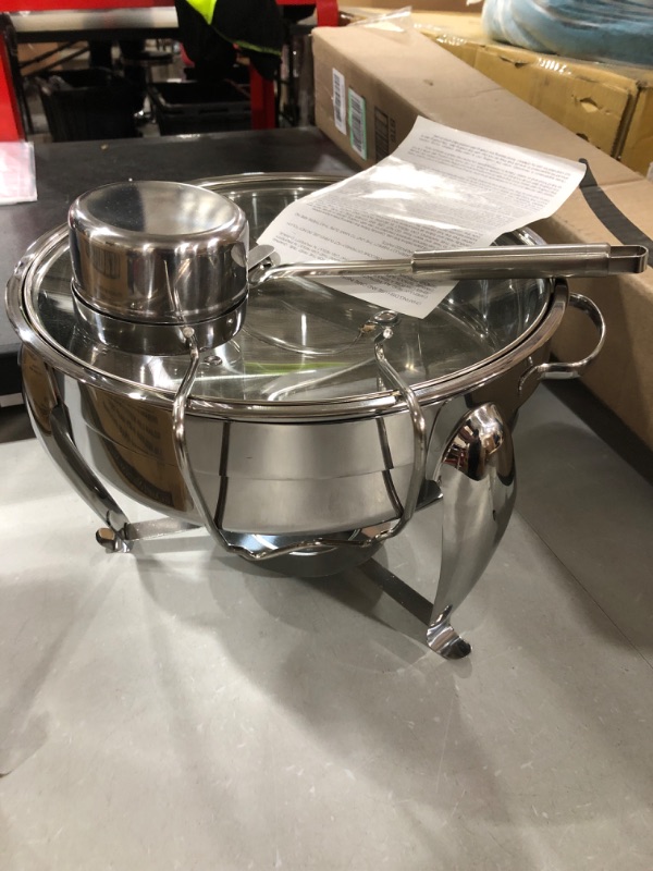 Photo 3 of 6 Quart Round Stainless Steel Chafing Dish with Bonus Slotted Spoon and Drip Tray for Lid | Keeps linens dry | For wedding, graduation, events, parties | Sterno holder