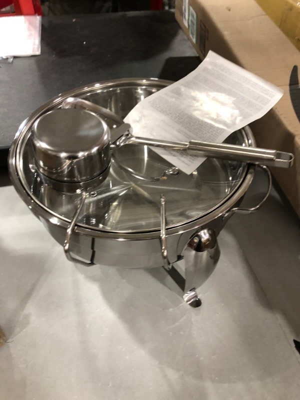 Photo 2 of 6 Quart Round Stainless Steel Chafing Dish with Bonus Slotted Spoon and Drip Tray for Lid | Keeps linens dry | For wedding, graduation, events, parties | Sterno holder