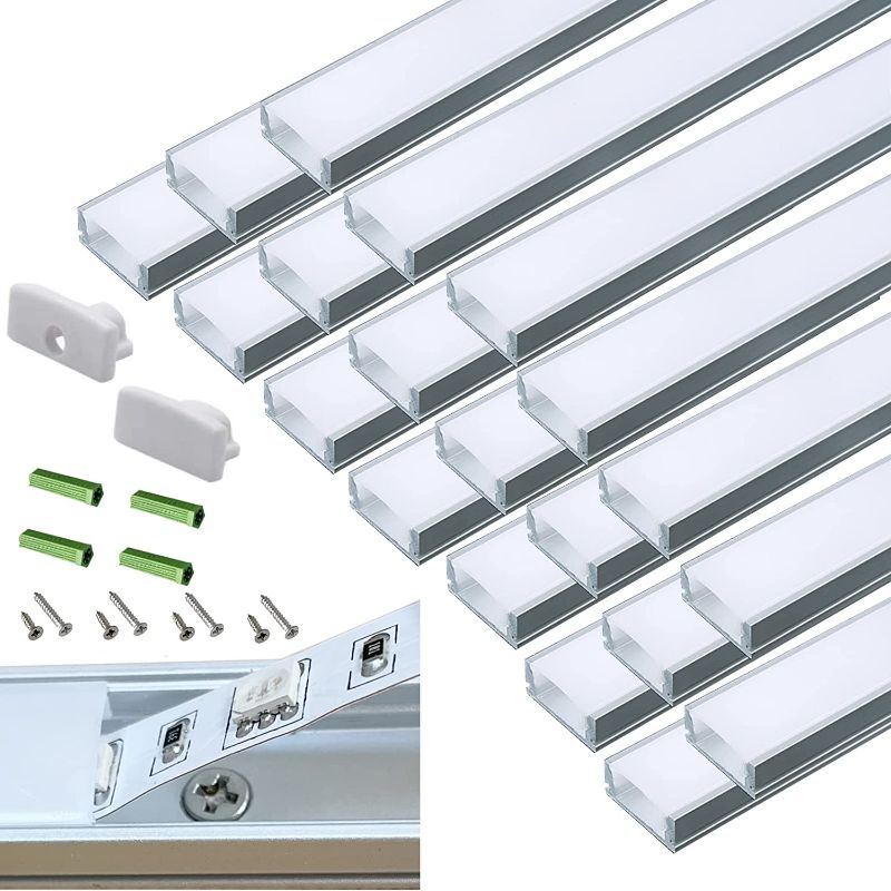 Photo 1 of 20-Pack Pre-Drilled Countersunk Hole 3.3FT/1 Meter LED Strip U Channel Diffuser, Hacksaw Easy Cut Tight and Flush Mounted Under Cabinet Tape Light Aluminum Low Profile with Screw and End caps (20) - missing hardware 
