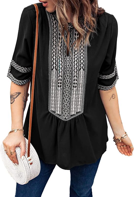 Photo 1 of Chase Secret Womens Casual V Neck Shirt Boho Embroidered Print Short/Long Sleeve Tops Loose Blouse - size medium 
