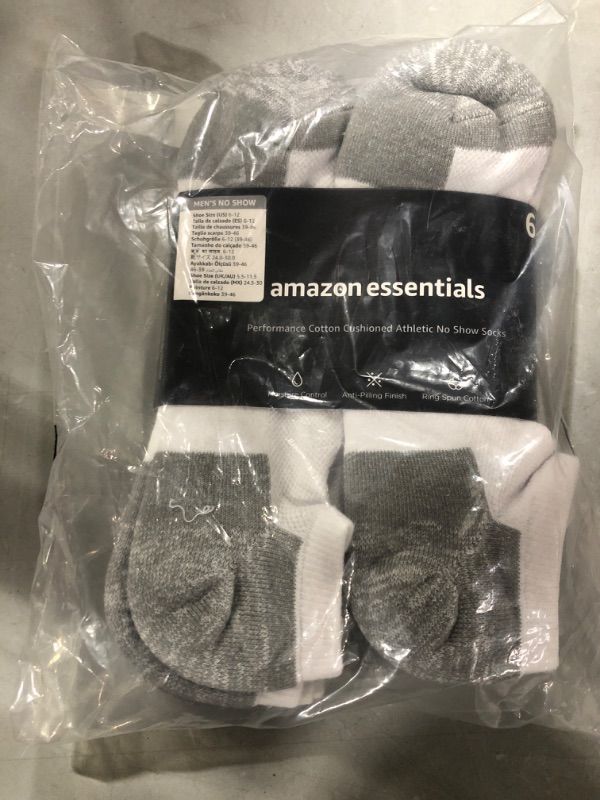 Photo 2 of Amazon Essentials Men's Performance Cotton Cushioned Athletic No-Show Socks, 6 Pairs
size 6 - 12 
