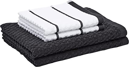 Photo 1 of Amazon Basics 100% Cotton Terry Kitchen Dish Cloth & Towel Set, Popcorn Texture - 4-Pack, Black Stripe
