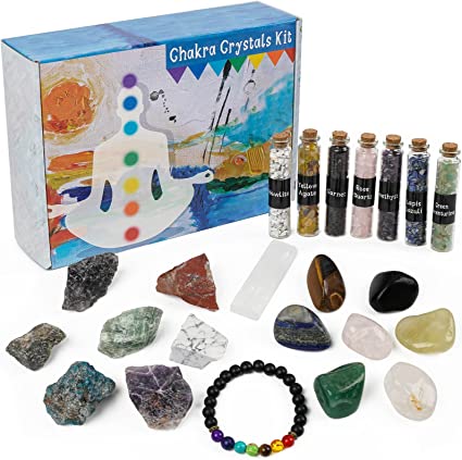 Photo 1 of 24 Pack Healing Crystals Set for Beginners - Chakra Balancing Stones Kit for Meditation Yoga Witchcraft - 14 Tumbled & Rough Stones, 7 Bottles Crystal chips, 1 Lava Bracelet, 1 Selenite Charging Plate 