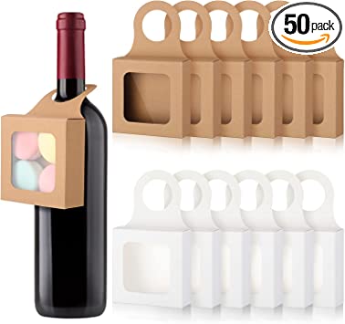 Photo 1 of 50 Count Kraft Paper Wine Bottle Box with Window Bottle Hanger Favor Boxes Small Wine Boxes for Gifts Hanging Foldable Gift Wrap Boxes for Holding Cookies Charms Bottle Stoppers 