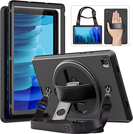 Photo 1 of HXCASEAC Case for Samsung Galaxy Tab A7 10.4 Inch (SM-T500/SM-T505/SM-T507), Shockproof Protective Case with Screen Protector, Rotating Stand/Hand Strap, Shoulder Strap for Samsung Tab A7 2020, Black 