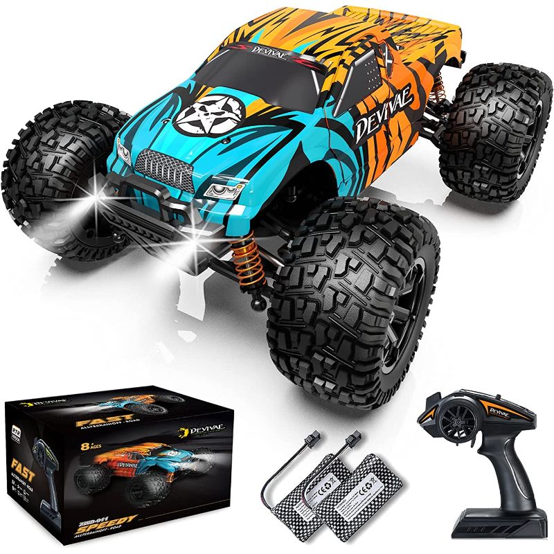 Photo 1 of DEVIVAE RC Cars 005 High Speed Remote Control Car for Kids Adults 1:18 Scale 36 KM/H 4X4 Off Road Monster Trucks, 2.4GHz All Terrain Electric Toy with 2 Batteries, 50 Mins Play Gift for Boy Girl BLUE ORANGE
