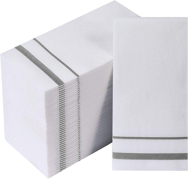 Photo 1 of [200 Pack] Disposable Guest Towels Linen-Feel Paper Hand Towels, Decorative Bathroom Hand Napkins for Kitchen, Parties, Weddings, Dinners or Events, White and Silver
