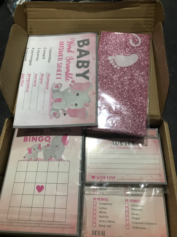 Photo 1 of 300 Cards Pink Elephant Baby Shower Game Cards Mom To Be Sash-Set of 6 Activities for 50 Guests Each Pink and Gray Baby Shower Supplies Game Activities for Girls
