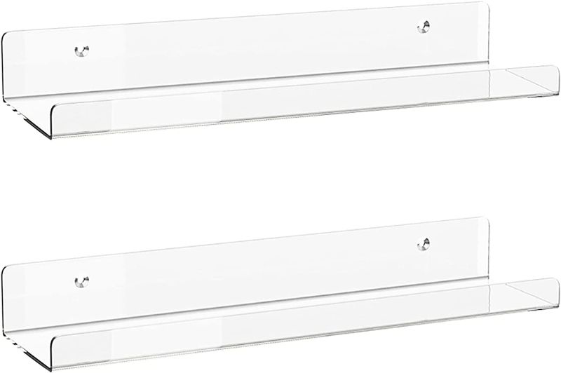 Photo 1 of Acrylic Floating Shelves, 2 Pack of 15 inches Invisible Acrylic Floating Wall Ledge Shelf, Wall Mounted Nursery Kids Bookshelf, Spice Rack, Bathroom Storage Shelves for Cosmetics, Photos, Books, Spice
